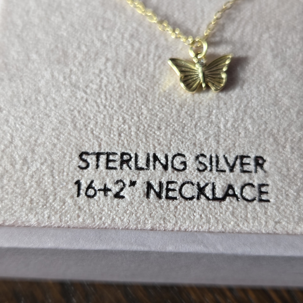 Gold Tone Sterling Silver Delicate Butterfly Pendant Necklace. - Picture 4 of 9